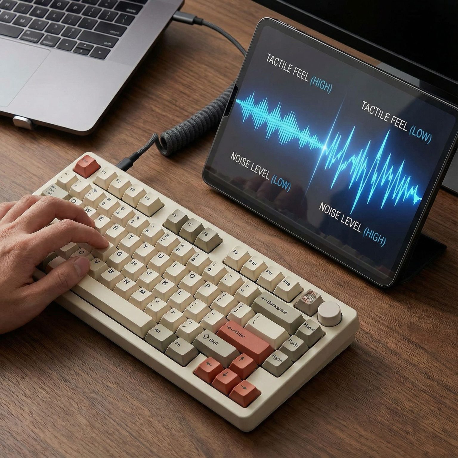 검정색 기계식 키보드와 타이핑하는 손 옆에 파란색 음파 시각화가 표현되어 촉감과 소음의 상관관계를 보여줍니다.