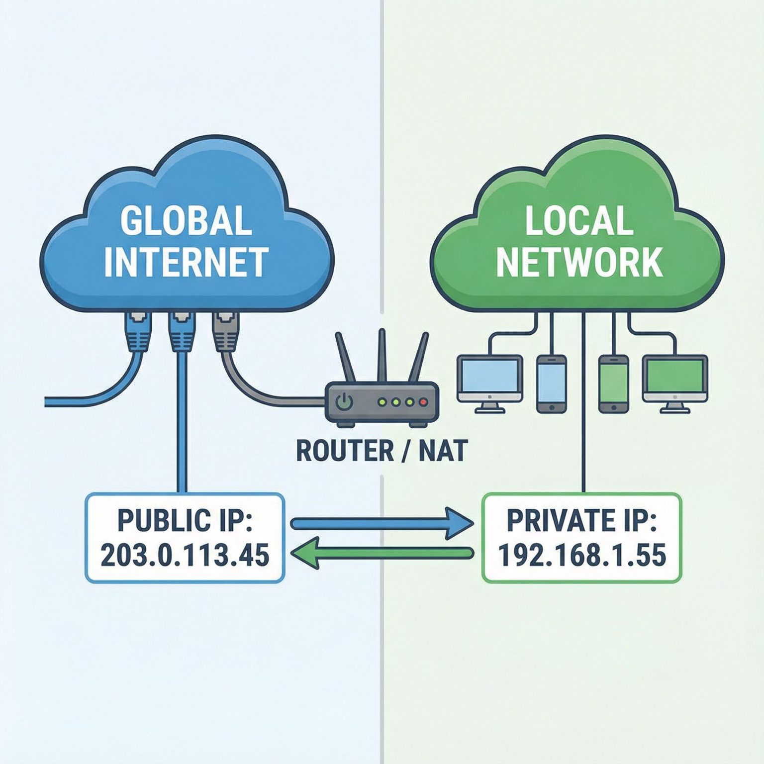 전체 화면이 반으로 나뉘어 왼쪽은 공용 IP 주소가 표시된 지구본, 오른쪽은 사설 IP 주소가 적힌 집 모양이며 중앙의 라우터로 연결된 모습이다