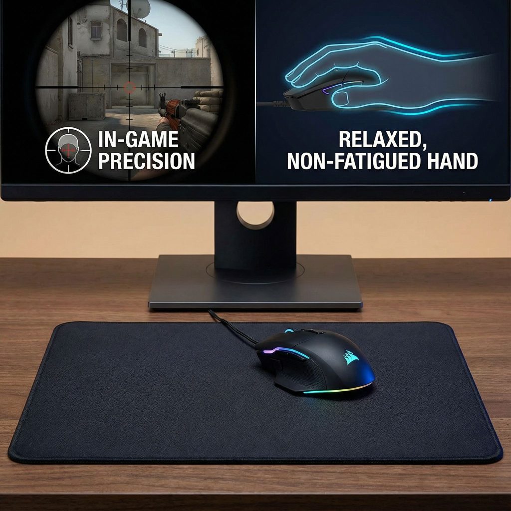 검정색 게이밍 마우스 아래에 깔린 고급 마우스패드로, 화면은 정밀한 게임 장면과 피로 없는 편안한 손 모습이 나란히 배치되어 있습니다.