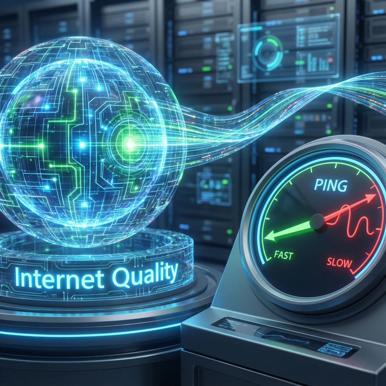중앙에 빛나는 디지털 코어에서 맥동하는 데이터 흐름이 나오며, 정확한 게이지가 빠른 직선 화살표와 느린 굽은 경로로 핑 속도를 측정하는 모습이다