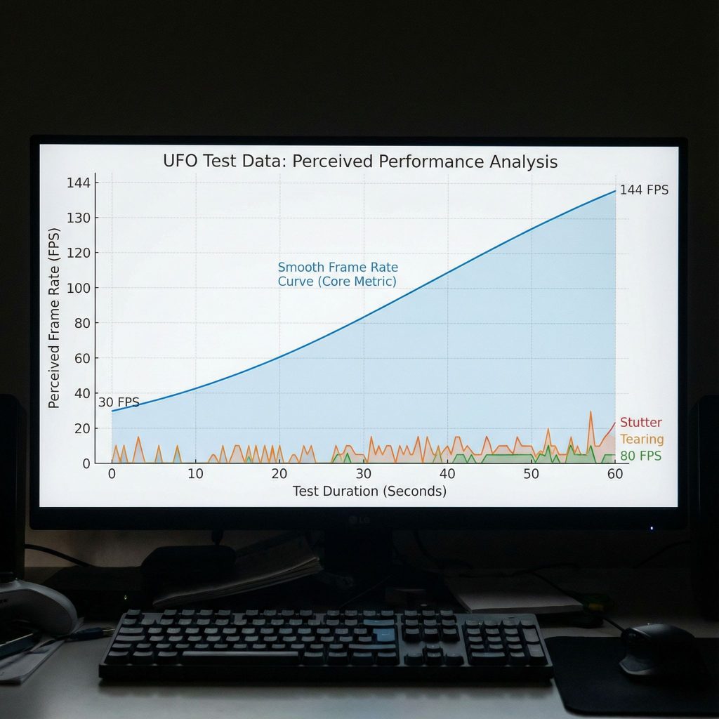 UFO 테스트 데이터를 분석한 그래프로, 원활한 프레임 속도 곡선이 인지된 성능의 핵심 지표를 보여줍니다.