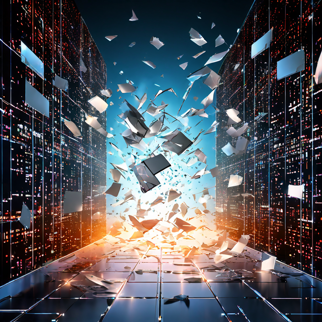 DNSSEC로 라벨링된 패킷이 취약한 서버를 향해 이동하며 날카로운 디지털 파편으로 산산조각 나는 모습으로, 보안 프로토콜 무결성 위협을 상징적으로 묘사합니다.