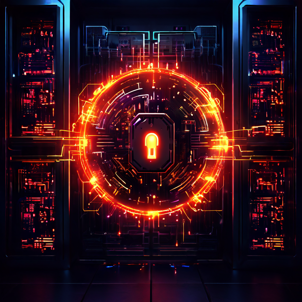 서버 랙 위에 떠 있는 오염된 디지털 자물쇠 아이콘이 경고 표시와 데이터 스트림을 방출하며 사이버 보안 위협과 시스템 침해를 상징적으로 표현한 이미지입니다.