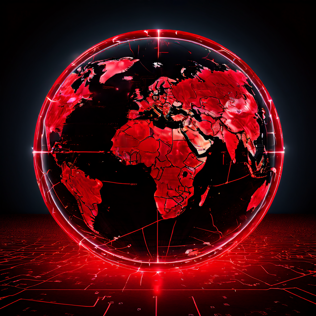 네트워크 접속 오류를 알리는 빨간색 경고 신호가 켜진 상태에서 특정 국가가 차단됨을 나타내는 빨간색 금지 표시와 X자가 그려진 디지털 지구본 이미지입니다.