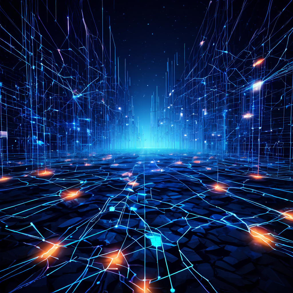 데이터 패킷 전송에 어려움을 겪는 불안정한 디지털 네트워크 연결이 끊어진 선들과 함께 혼란스러운 환경에서 표현된 개념 이미지입니다.