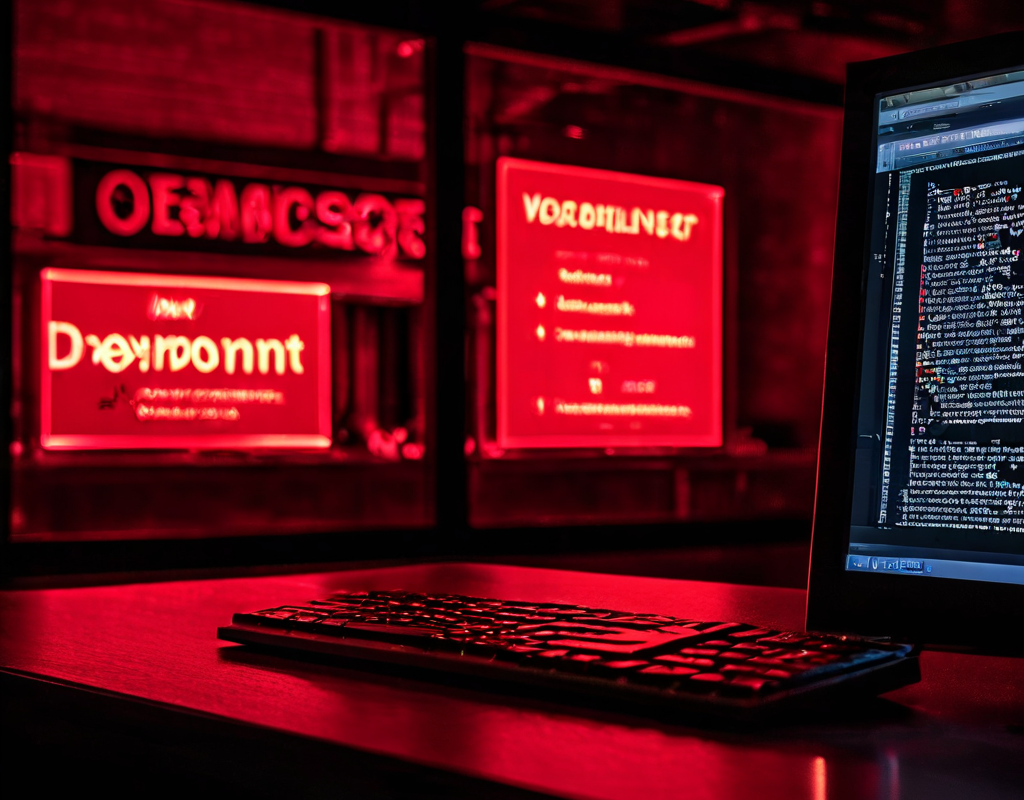 컴퓨터 화면에 표시된 배포 실패 에러 메시지와 함께 보안 위험을 경고하는 빨간색 경고 아이콘이 중첩되어 나타난 소프트웨어 배포 문제 상황을 묘사합니다.