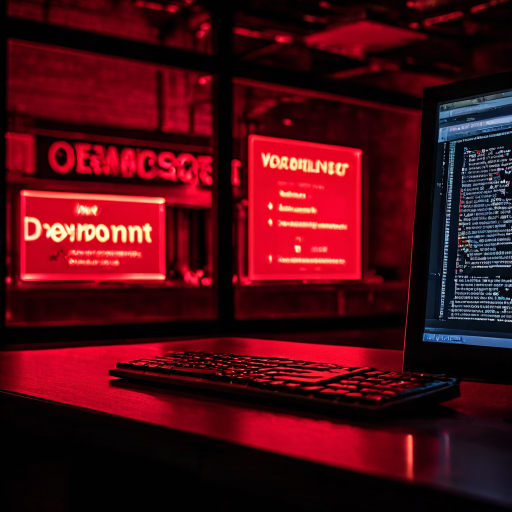 컴퓨터 화면에 표시된 배포 실패 에러 메시지와 함께 보안 위험을 경고하는 빨간색 경고 아이콘이 중첩되어 나타난 소프트웨어 배포 문제 상황을 묘사합니다.