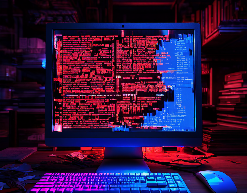 컴퓨터 화면에 여러 언어로 된 텍스트가 깨지고 오류가 발생하며 언어 리소스가 누락된 상태로 표시되어 다국어 지원 시스템의 문제점을 시각적으로 보여줍니다.