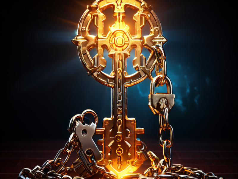 보안과 해결의 상징인 빛나는 열쇠가 퍼즐 조각을 연결하며 강력한 체인과 자물쇠로 제약의 필요성과 보호의 가치를 동시에 보여주는 개념 이미지입니다.