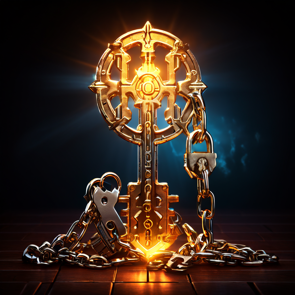 보안과 해결의 상징인 빛나는 열쇠가 퍼즐 조각을 연결하며 강력한 체인과 자물쇠로 제약의 필요성과 보호의 가치를 동시에 보여주는 개념 이미지입니다.